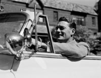 Smiling Man in Convertible Car Poster Print - vibrant and colorful artwork