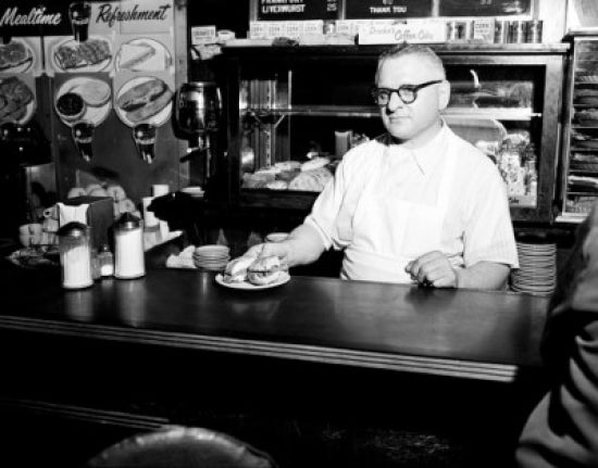 Boston Restaurant Scene Poster Print featuring a man serving guests