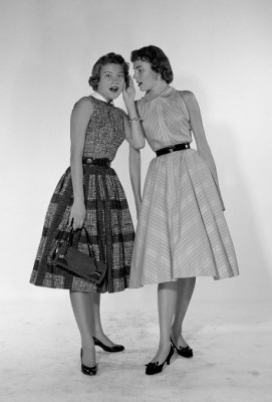 Two Women Whispering Poster Print showcasing intimacy and connection.