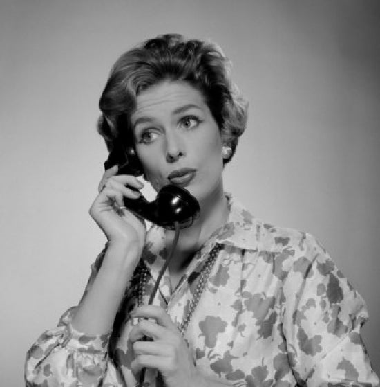Mid adult woman talking on the phone poster print, modern communication art.