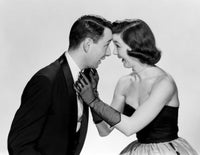 Portrait of laughing couple poster print