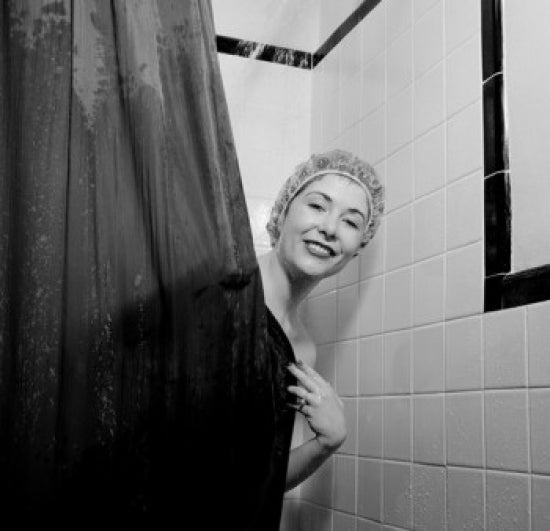 Portrait of young woman in shower poster print.