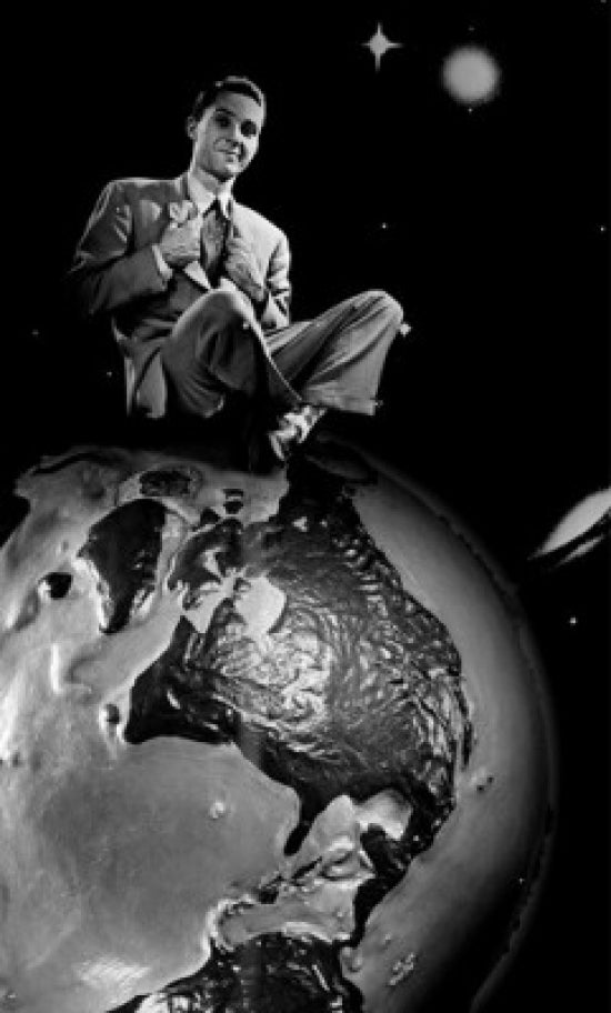 Young man sitting on top of globe poster print