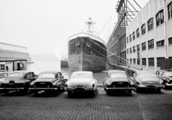 New York City harbor poster print featuring parked cars.