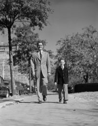 Father and son walking through a park illustrated poster print.