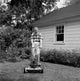 Senior man mowing grass in backyard poster print