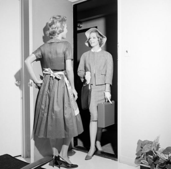 Two Women Meeting in Doorway Poster Print showcasing friendship and connection.
