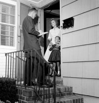 Mother and daughter engaging with a pollster in a doorway poster print.