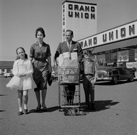 Parents and kids walking across supermarket parking lot poster print.