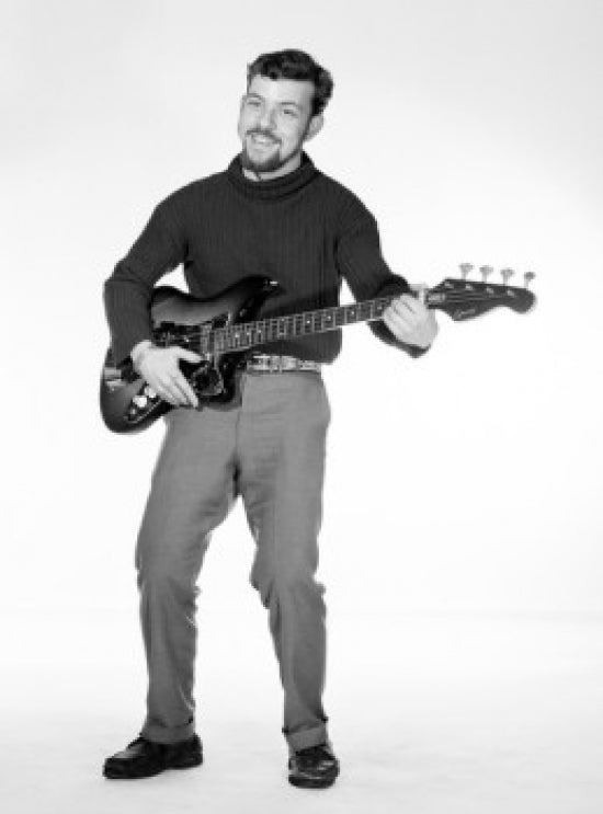 Portrait of a young man playing a bass guitar - vibrant music art poster