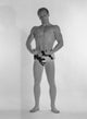 Poster print of a muscular man wearing animal print trunks in a studio shot.