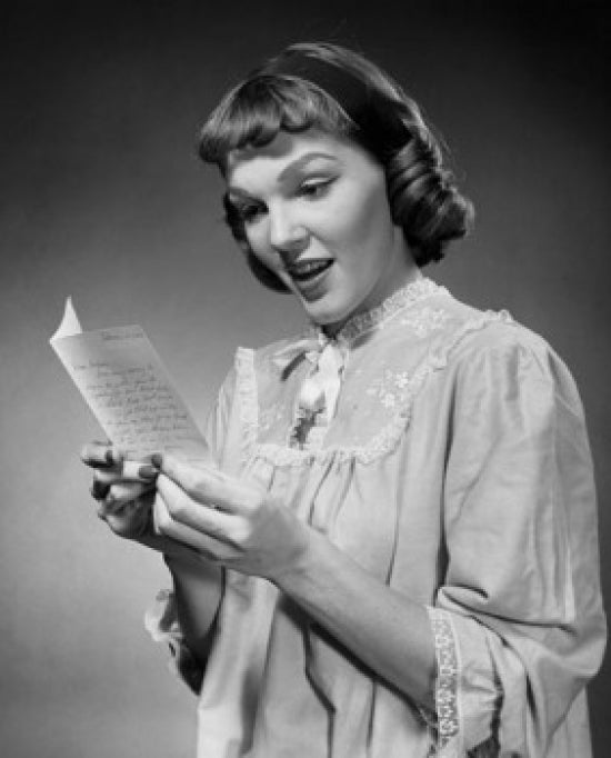 Close-up of a young woman reading a letter, emotional artwork poster print.