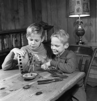 Two Boys Repairing Machine Poster Print artwork for children's rooms