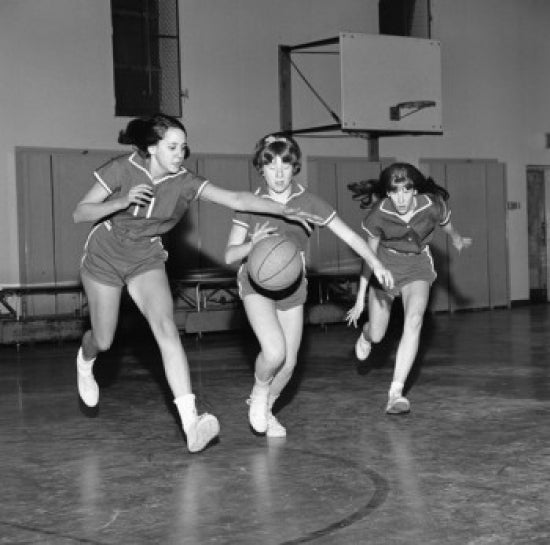 Girls Playing Basketball Poster Print showcasing dynamic action