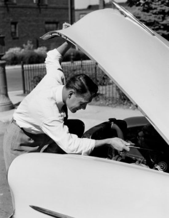 Man checking oil dipstick poster print artwork
