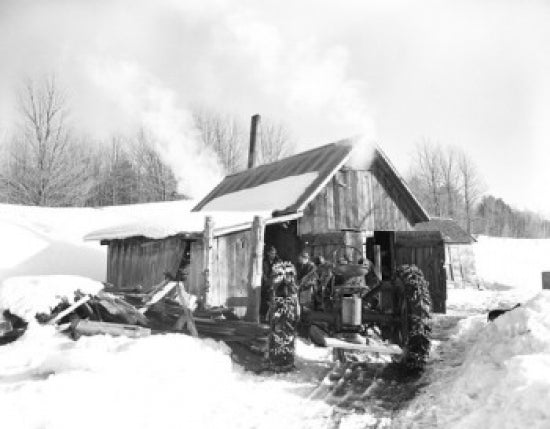 Tractor Next to Shed in Winter Poster Print showcasing a tranquil winter landscape.