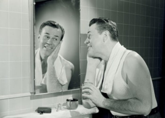 Man in Bathroom Poster Print, unique artwork perfect for decor.