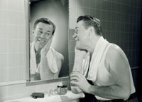 Man in Bathroom Poster Print, unique artwork perfect for decor.