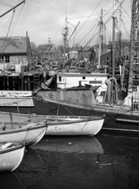 Fishing Boats in Small Harbor Poster Print showcasing tranquil coastal scene.