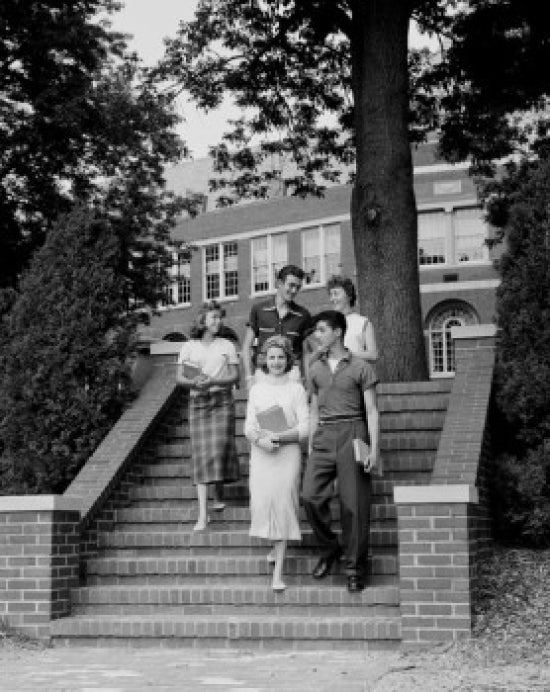 Five students walking down steps talking poster print