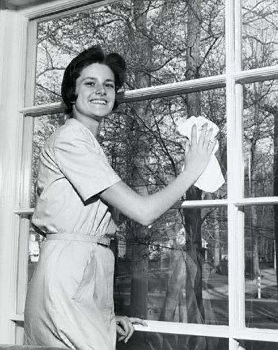 Portrait of a Young Woman Cleaning a Window Poster Print