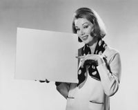 Poster print of a young woman holding a blank placard, ideal for modern decor.