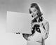 Poster print of a young woman holding a blank placard, ideal for modern decor.