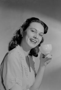 Portrait of smiling woman holding coffee cup poster print, colorful and uplifting artwork.