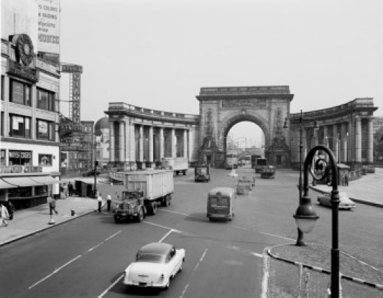 Entrance to Manhattan Bridge from Canal Street Poster Print showcasing New York City architecture.