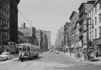 Pedestrians and tram on Market Street poster print depicting Philadelphia's urban landscape.