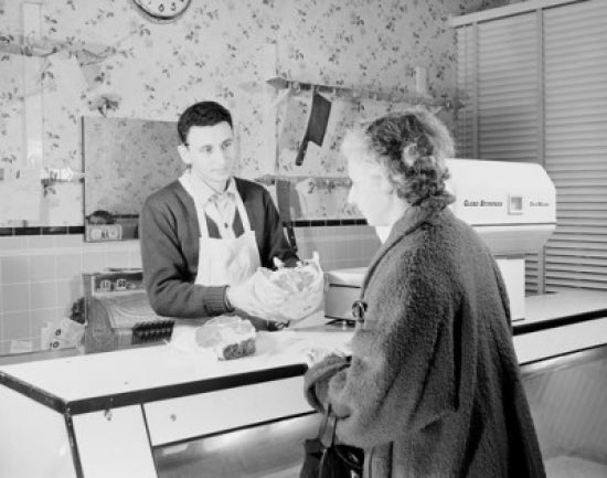 Customer and Sales Clerk Choosing Meat in Butcher's Shop Poster Print