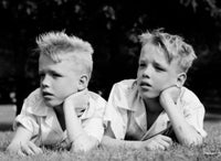 Twin boys lying on grass poster print, perfect for kids' rooms.