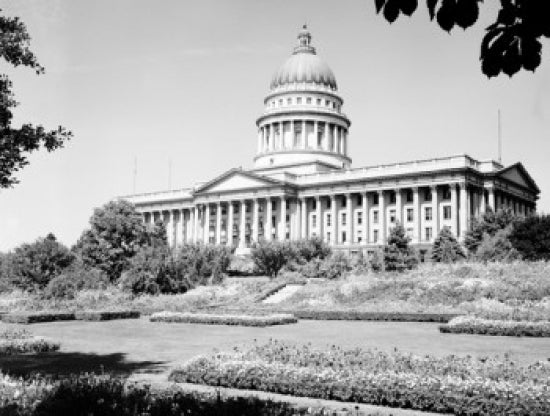Utah State Capitol with flower gardens poster print showcasing architectural beauty.