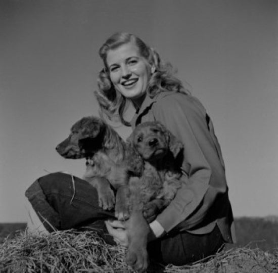 Young woman with cocker spaniels poster print, heartwarming pet art.