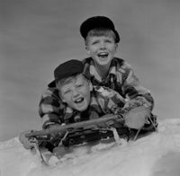 Twin boys sledging in the snow poster print