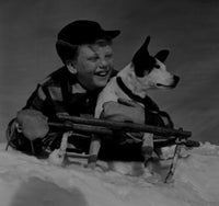 Boy sledging with dog poster print, winter adventure art.