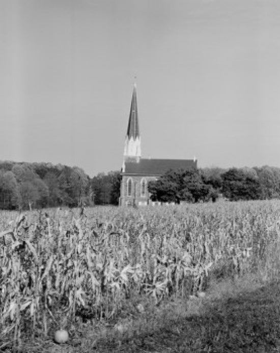 New England field and church poster print showcasing a scenic landscape.