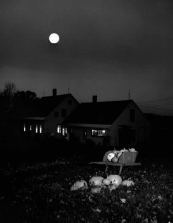 Harvest Moon Over Farmhouse Poster Print showcasing a serene New Hampshire scene.