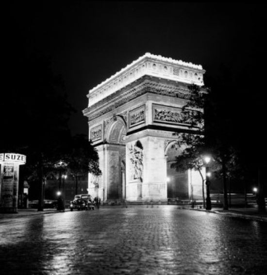 Arc de Triomphe illuminated at night poster print showcasing Parisian beauty.
