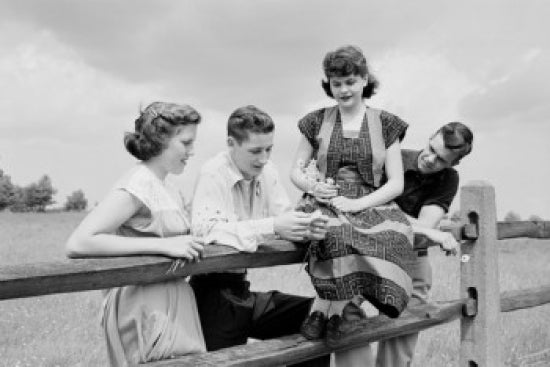 Group of young people by wooden fence poster print