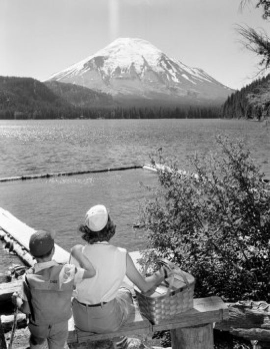 Mountain Saint Helens and Spirit Lake poster print featuring mother and son admiring the view.