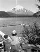 Mountain Saint Helens and Spirit Lake poster print featuring mother and son admiring the view.