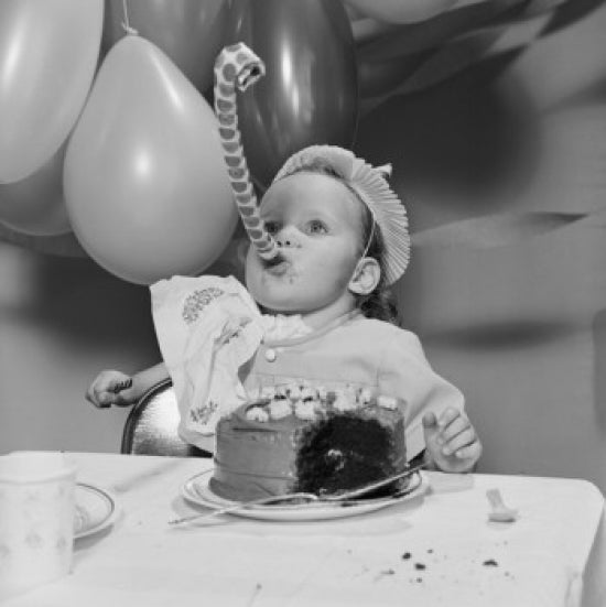 Baby Girl with Birthday Cake Poster Print, perfect for nursery decor.