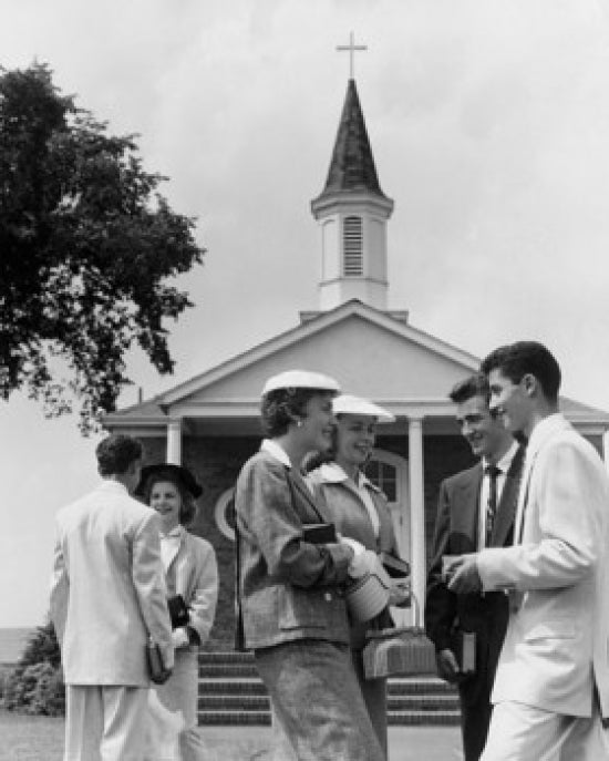 Group of People Standing in Front of Church Poster Print showcasing community spirit.