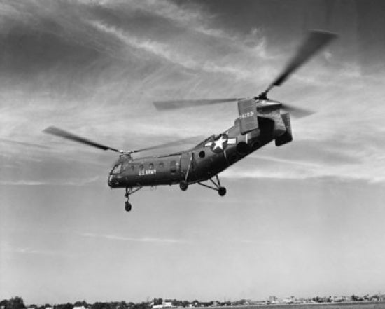H-21D Helicopter in flight poster print showcasing military aviation.