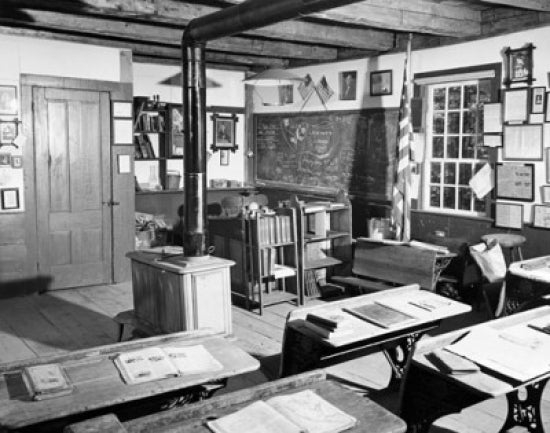 Empty desks in a classroom poster print, educational art for decor.