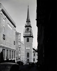 Low angle view of a clock tower in Boston, Massachusetts poster print.