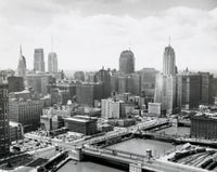 High angle view of Chicago River cityscape poster print.