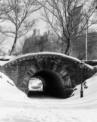 Snow-covered footbridge in Central Park, New York City poster print