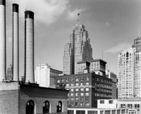 Low angle view of skyscrapers in Detroit, Michigan poster print.